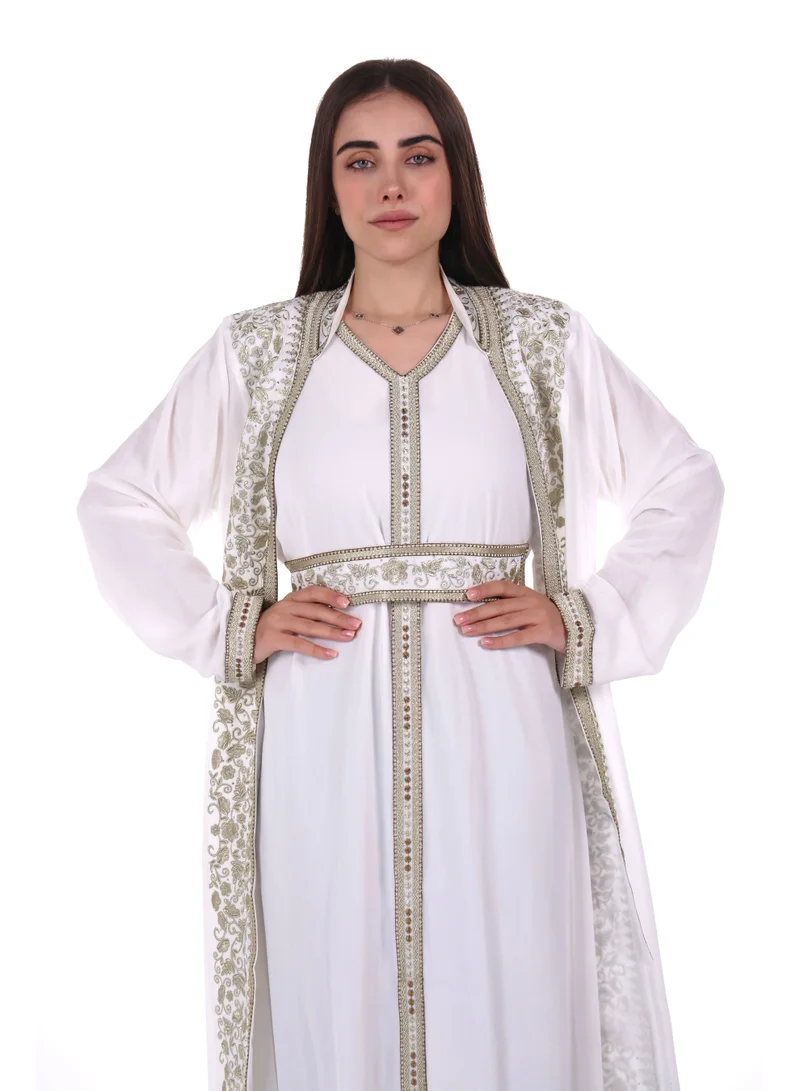 AL BENT AL SHARQIEH White emboidered belted chiffon kaftan dress for Women | Best Price UAE